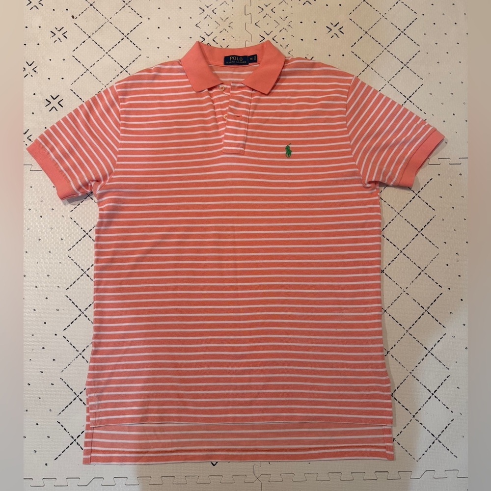 Polo Ralph Lauren Polo Mens Medium Peach & White Striped Short Sleeve Green Pony
